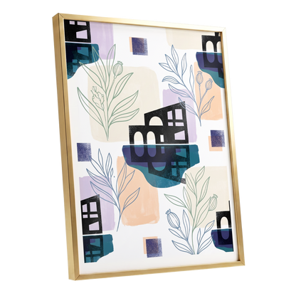 Botanical City Rhythm, white, blue, black floral wall art shown as a gold framed poster wall art print