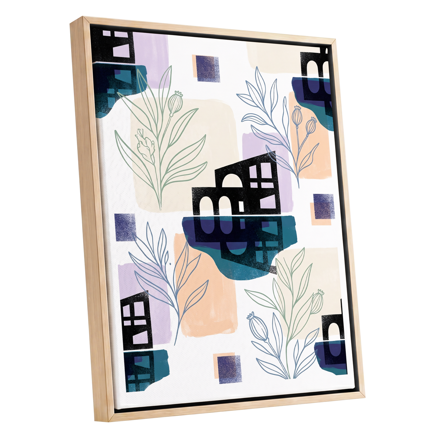 Botanical City Rhythm, white, blue, black floral wall art shown as a oak framed canvas wall art