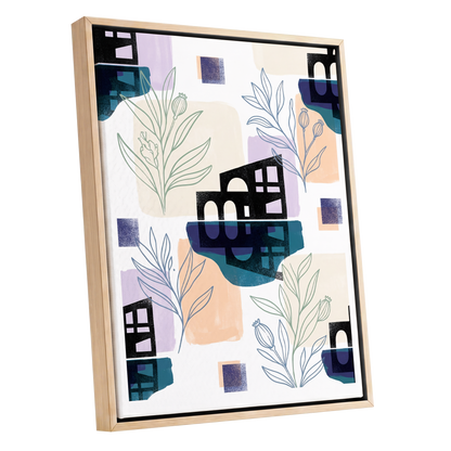 Botanical City Rhythm, white, blue, black floral wall art shown as a oak framed canvas wall art