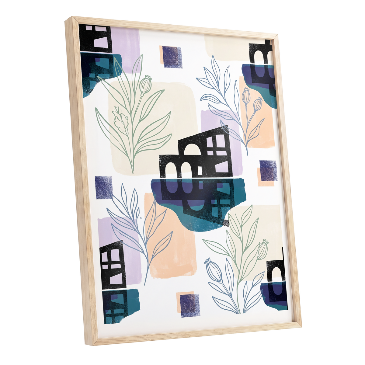 Botanical City Rhythm, white, blue, black floral wall art shown as a oak framed poster wall art print