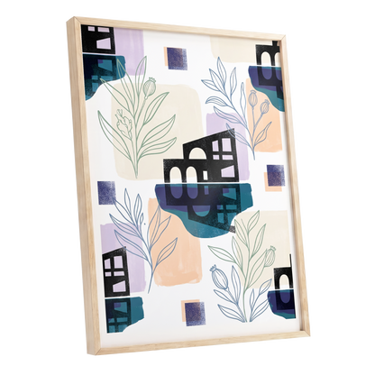 Botanical City Rhythm, white, blue, black floral wall art shown as a oak framed poster wall art print