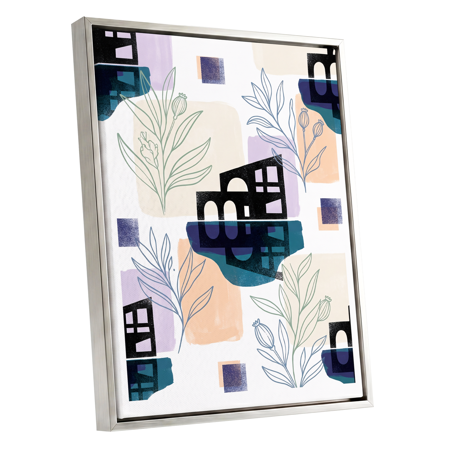 Botanical City Rhythm, white, blue, black floral wall art shown as a silver framed canvas wall art