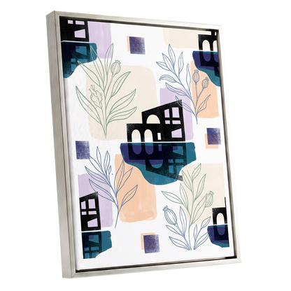 Botanical City Rhythm, white, blue, black floral wall art shown as a silver framed canvas wall art
