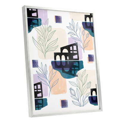 Botanical City Rhythm, white, blue, black floral wall art shown as a silver framed poster wall art print
