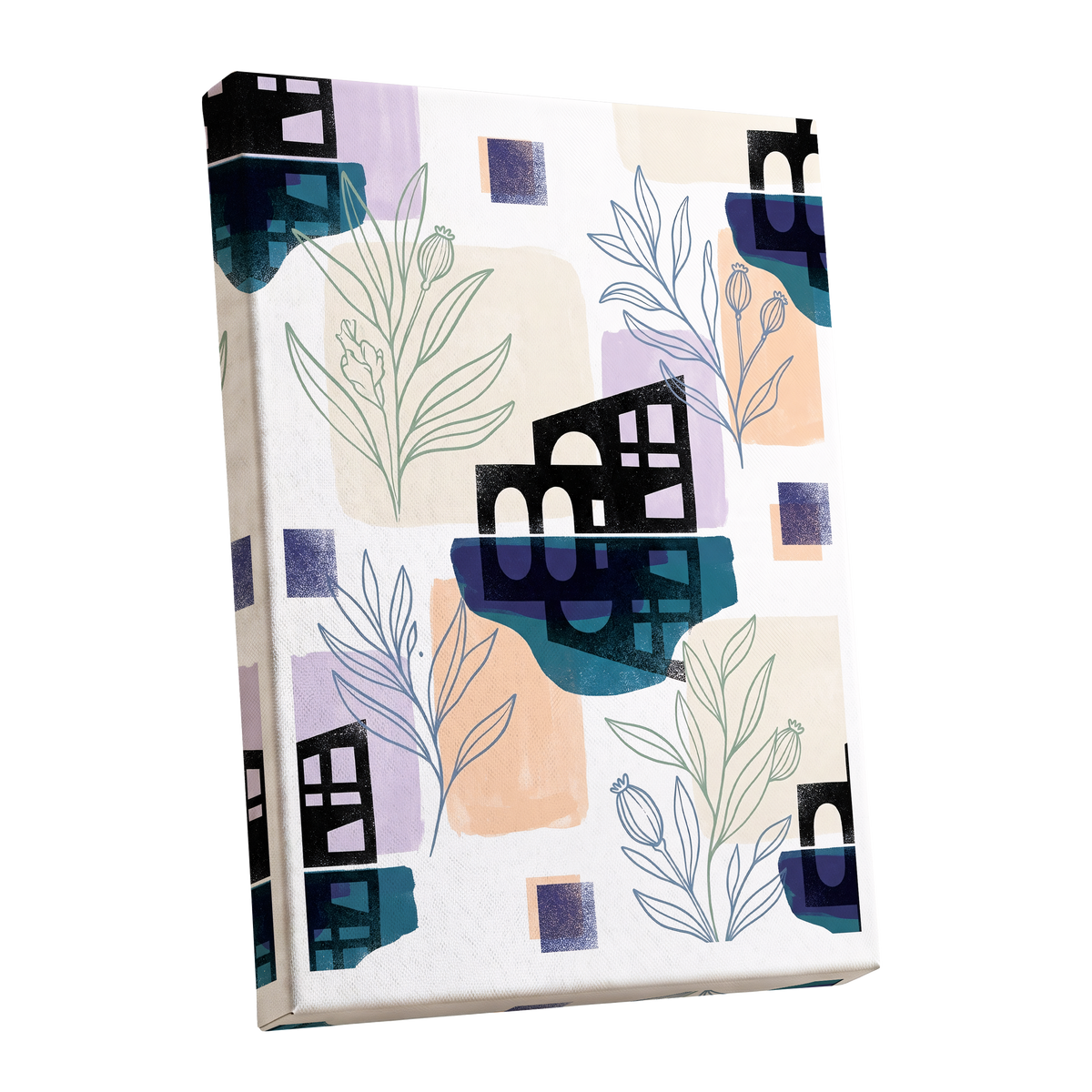 Botanical City Rhythm, white, blue, black floral wall art shown as a stretched canvas wall art