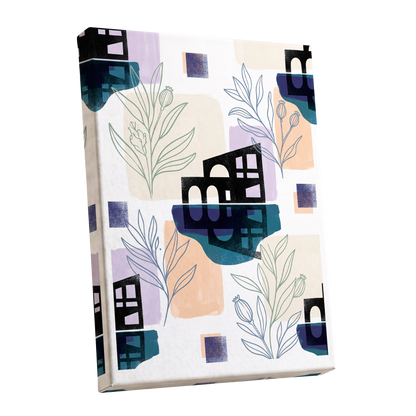 Botanical City Rhythm, white, blue, black floral wall art shown as a stretched canvas wall art