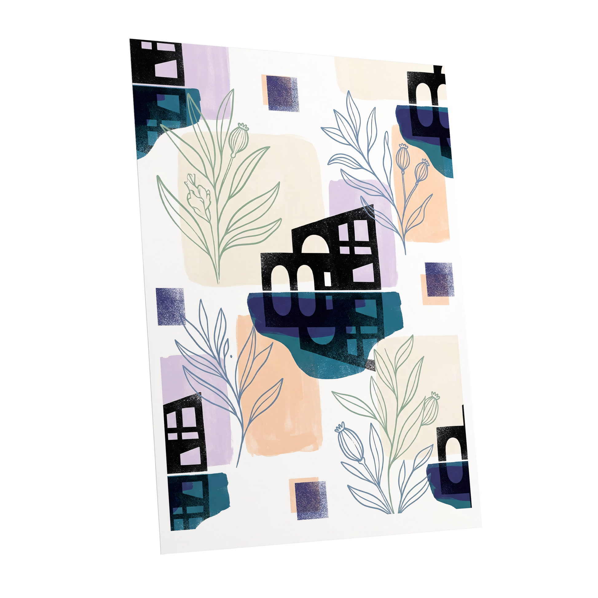 Botanical City Rhythm, white, blue, black floral wall art shown as a unframed poster wall art print