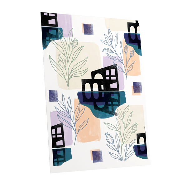 Botanical City Rhythm, white, blue, black floral wall art shown as a unframed poster wall art print