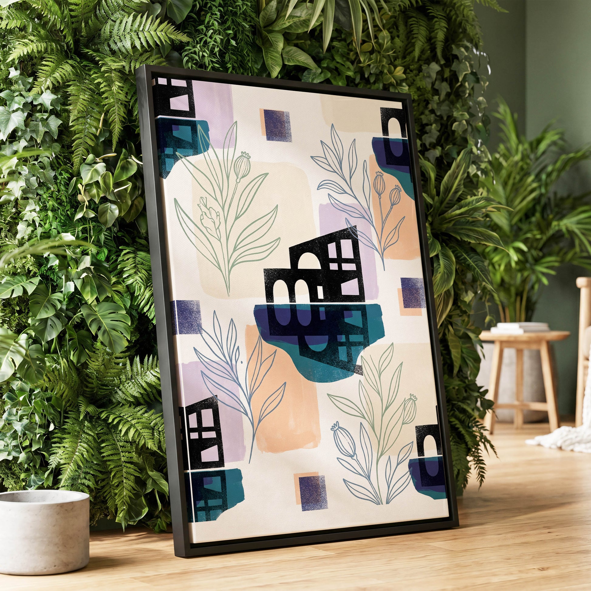 Botanical City Rhythm, white, blue, black floral wall art displayed in a styled interior, gallery view 1