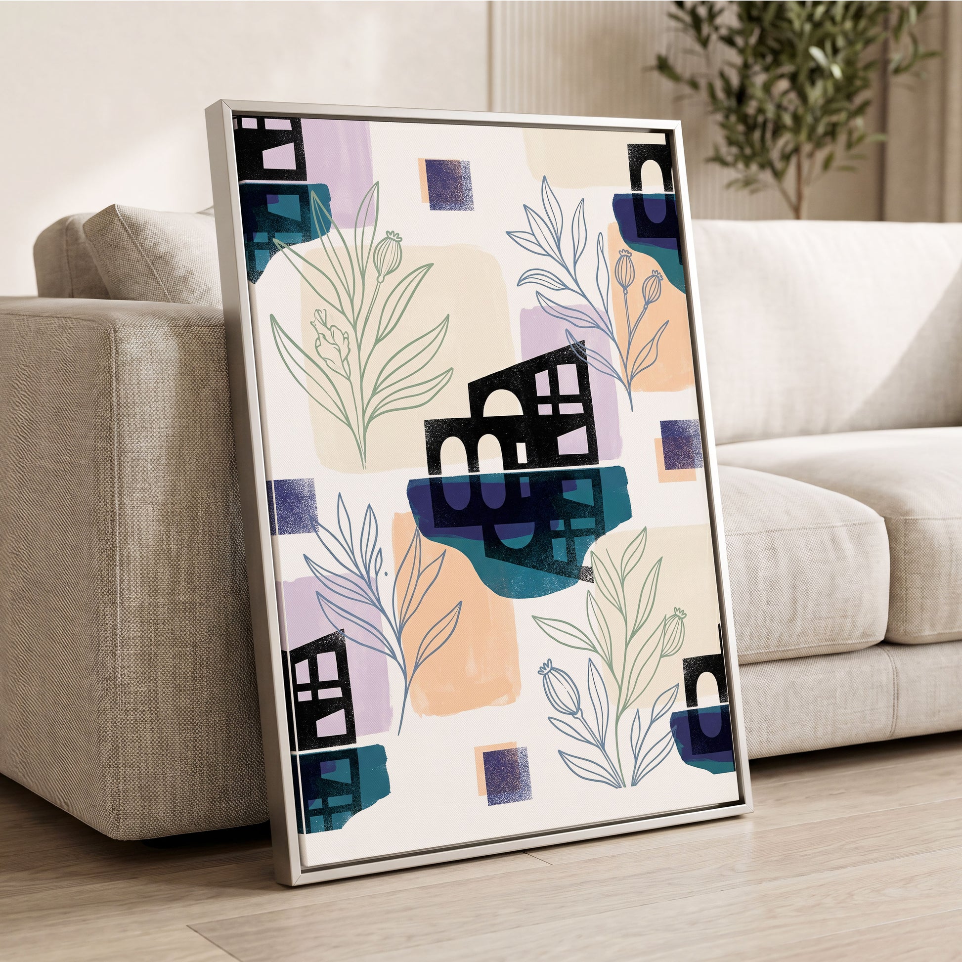 Botanical City Rhythm, white, blue, black floral wall art displayed in a styled interior, gallery view 2
