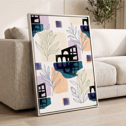 Botanical City Rhythm, white, blue, black floral wall art displayed in a styled interior, gallery view 2