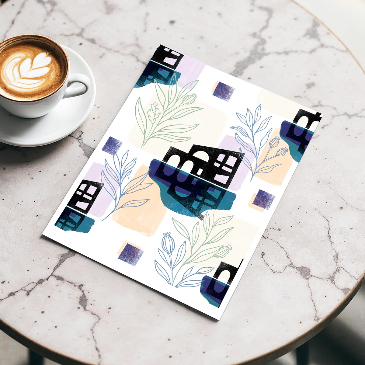 Botanical City Rhythm, white, blue, black floral wall art displayed in a styled interior, gallery view 3