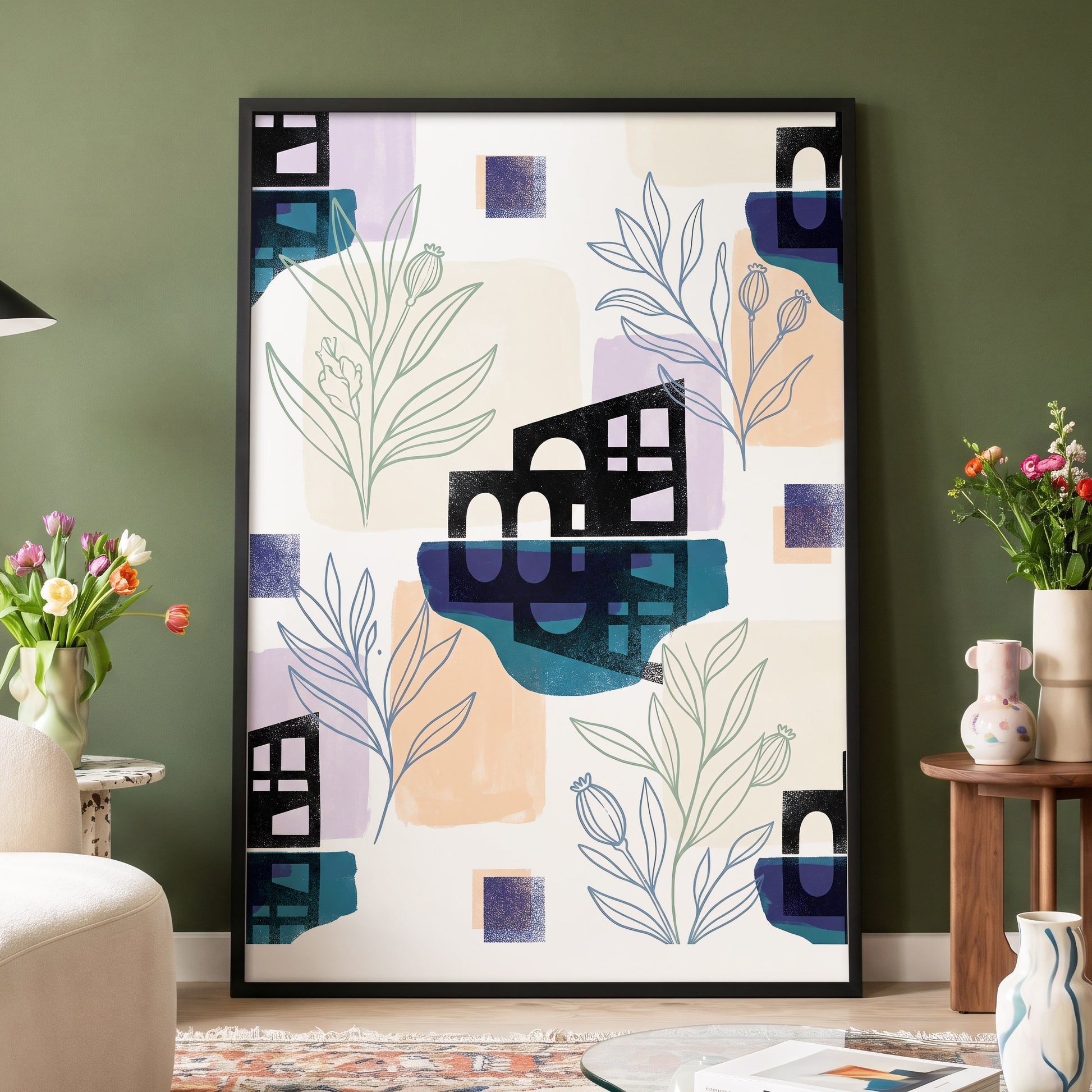 Botanical City Rhythm, white, blue, black floral wall art displayed in a styled interior, gallery view 4