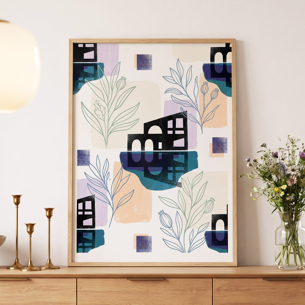 Botanical City Rhythm, white, blue, black floral wall art displayed in a styled interior, gallery view 5