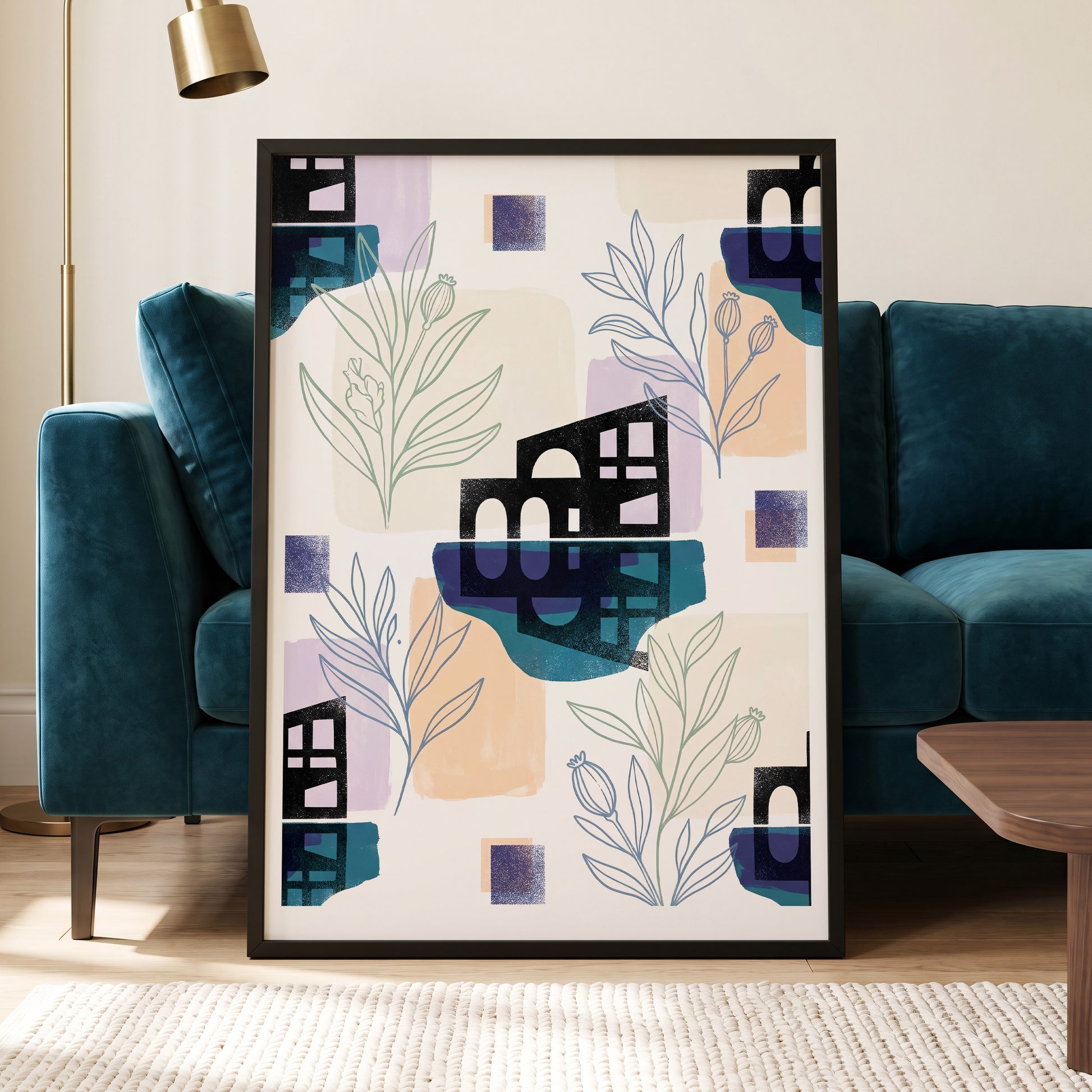 Botanical City Rhythm, white, blue, black floral wall art displayed in a styled interior, gallery view 6