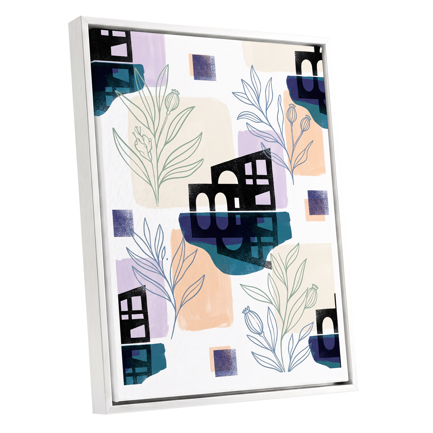 Botanical City Rhythm, white, blue, black floral wall art shown as a white framed canvas wall art