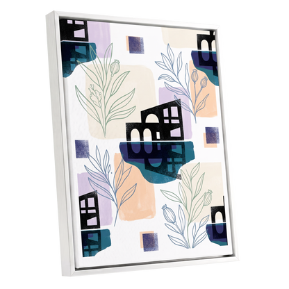 Botanical City Rhythm, white, blue, black floral wall art shown as a white framed canvas wall art