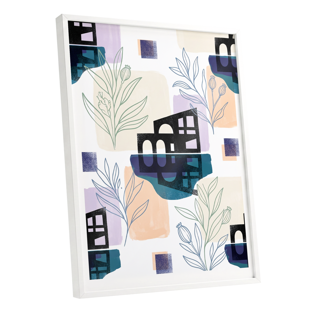 Botanical City Rhythm, white, blue, black floral wall art shown as a white framed poster wall art print