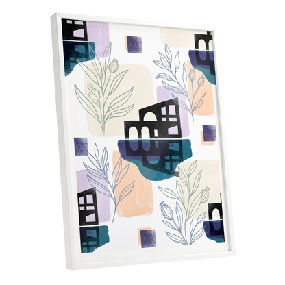 Botanical City Rhythm, white, blue, black floral wall art shown as a white framed poster wall art print