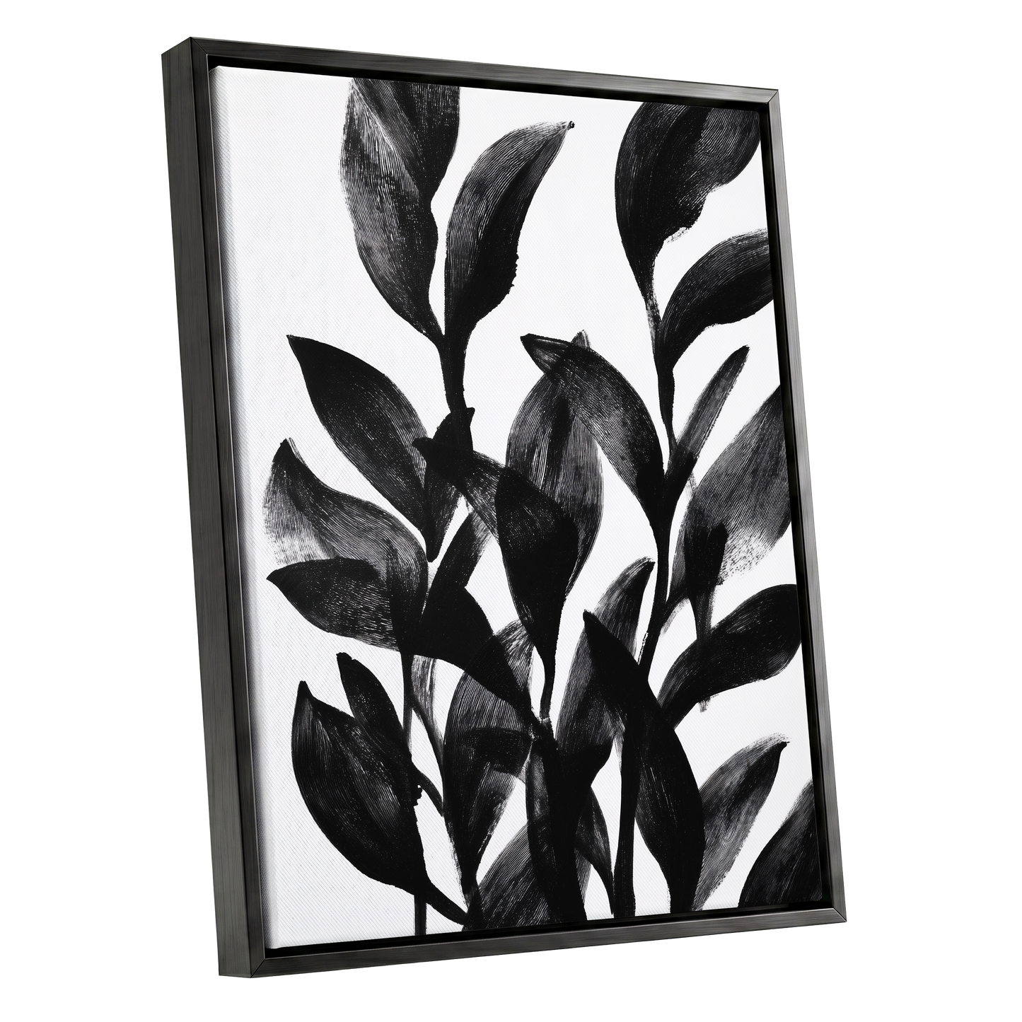 Botanical Rhythm, black, white, gray nature wall art shown as a black framed canvas wall art