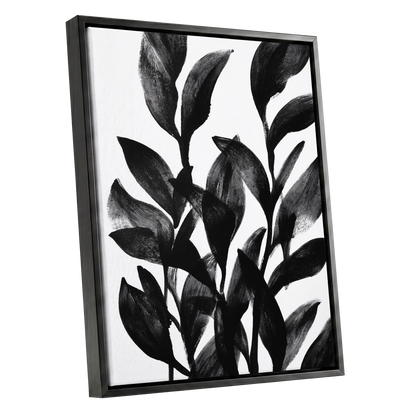 Botanical Rhythm, black, white, gray nature wall art shown as a black framed canvas wall art