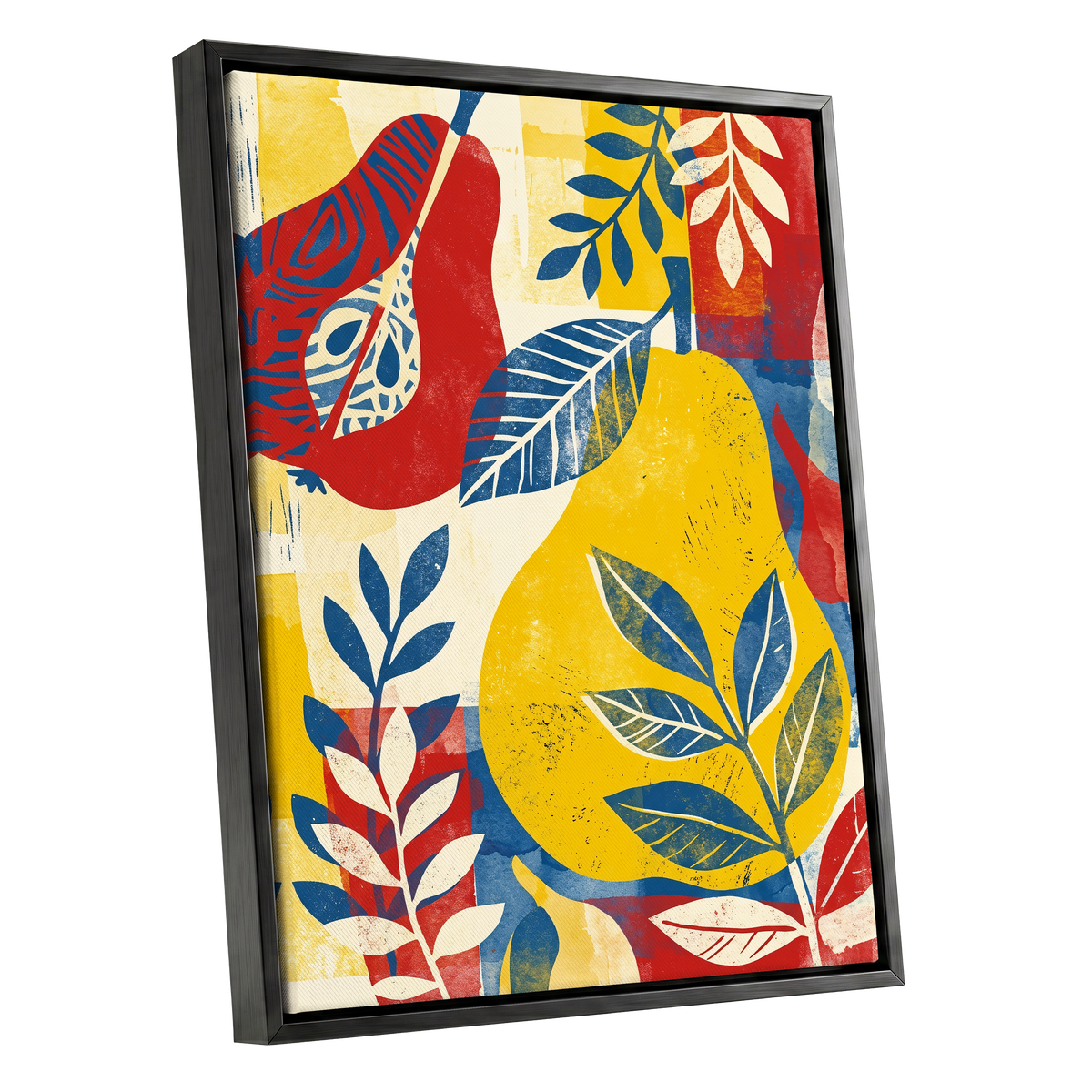 Botanical Rhythm, yellow, blue, red floral wall art shown as a black framed canvas wall art