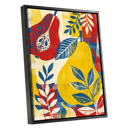 Botanical Rhythm, yellow, blue, red floral wall art shown as a black framed canvas wall art
