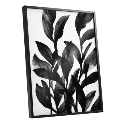Botanical Rhythm, black, white, gray nature wall art shown as a black framed poster wall art print