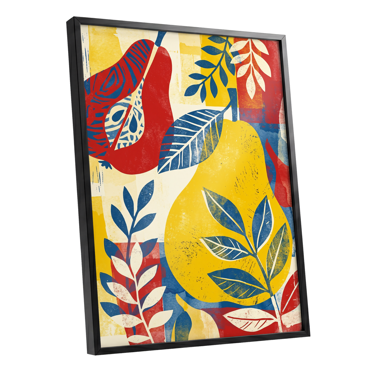 Botanical Rhythm, yellow, blue, red floral wall art shown as a black framed poster wall art print