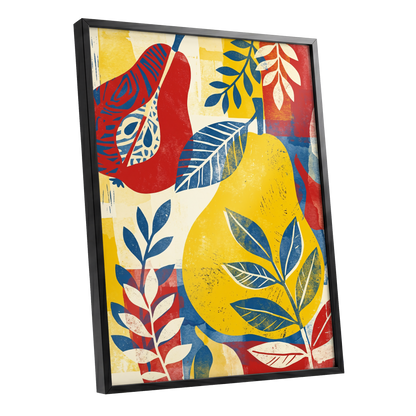 Botanical Rhythm, yellow, blue, red floral wall art shown as a black framed poster wall art print