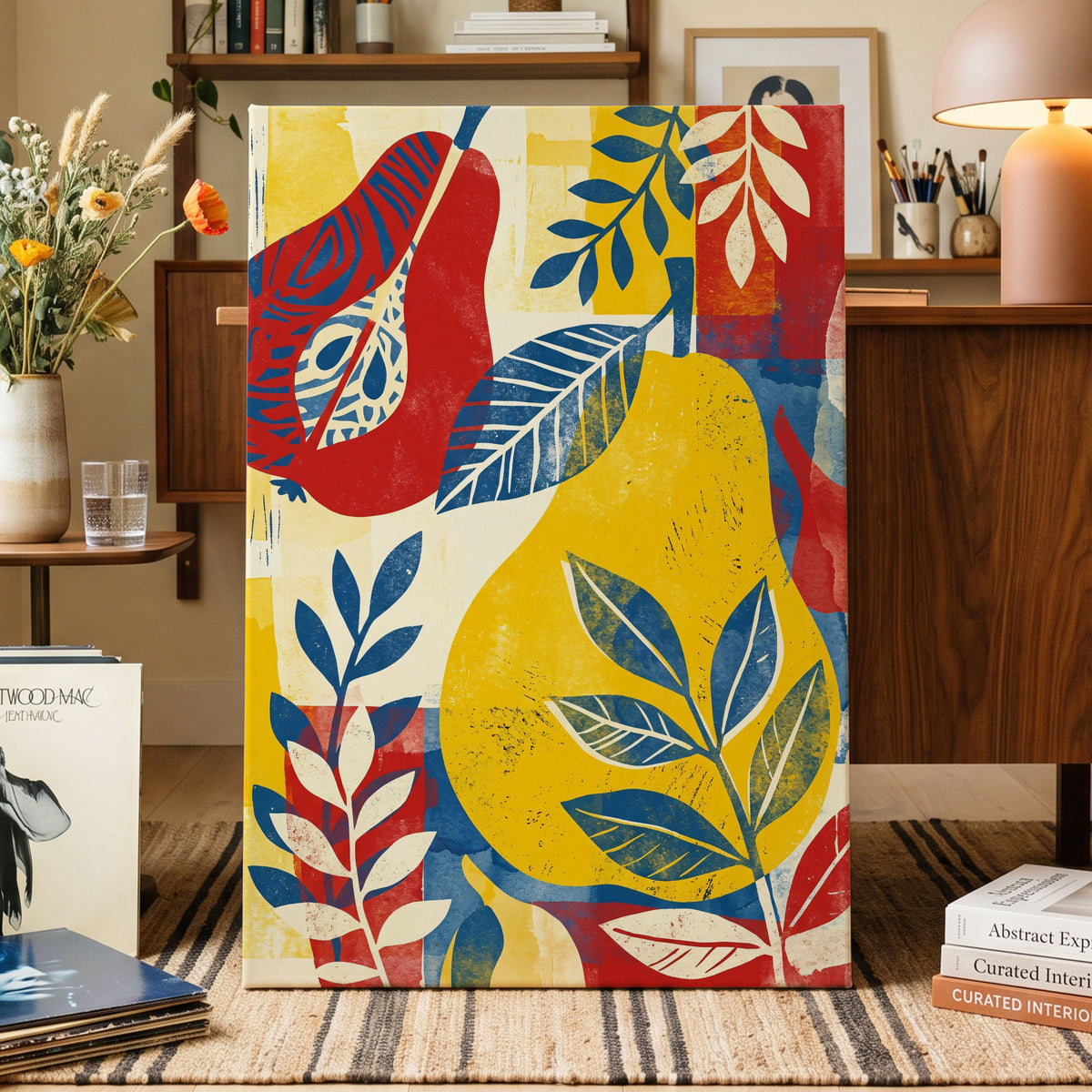 Botanical Rhythm, yellow, blue, red floral wall art on canvas displayed in a styled interior, gallery view 1