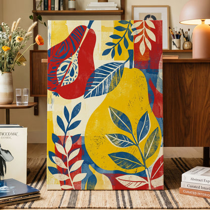 Botanical Rhythm, yellow, blue, red floral wall art on canvas displayed in a styled interior, gallery view 1