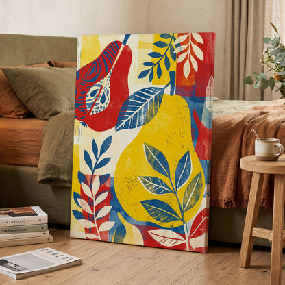 Botanical Rhythm, yellow, blue, red floral wall art on canvas displayed in a styled interior, gallery view 2