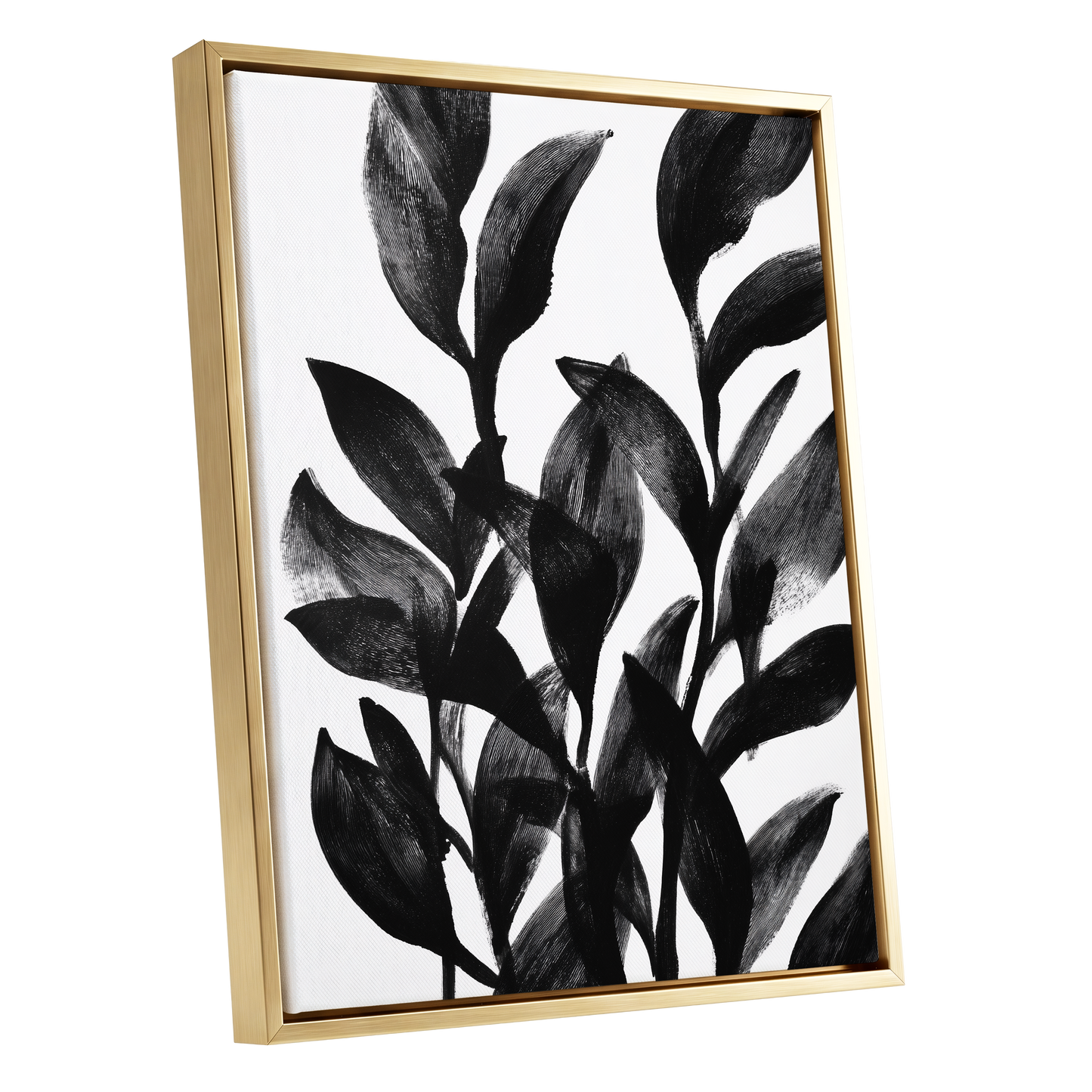 Botanical Rhythm, black, white, gray nature wall art shown as a gold framed canvas wall art