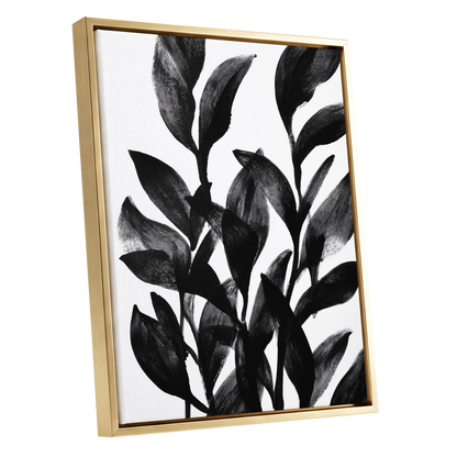 Botanical Rhythm, black, white, gray nature wall art shown as a gold framed canvas wall art