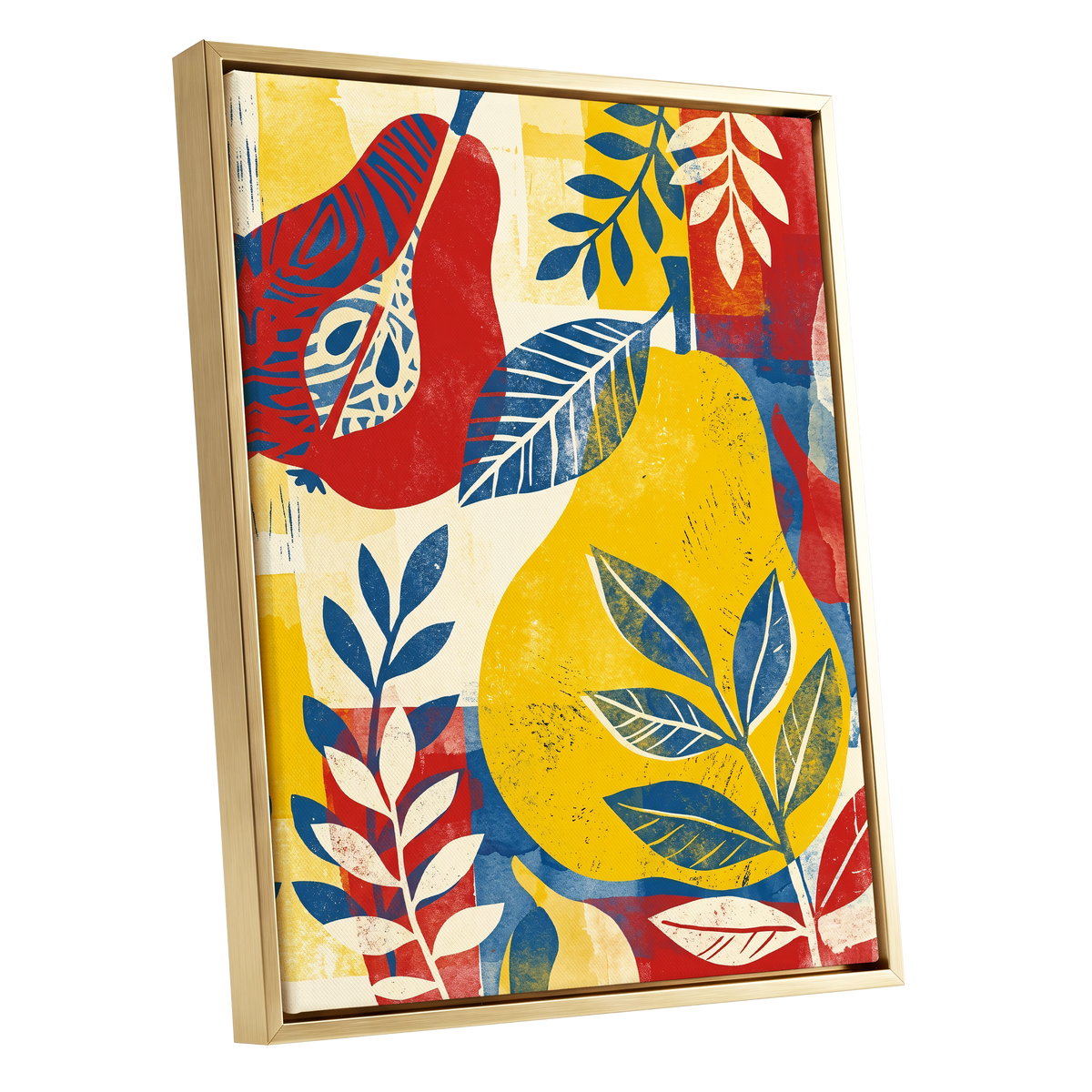 Botanical Rhythm, yellow, blue, red floral wall art shown as a gold framed canvas wall art