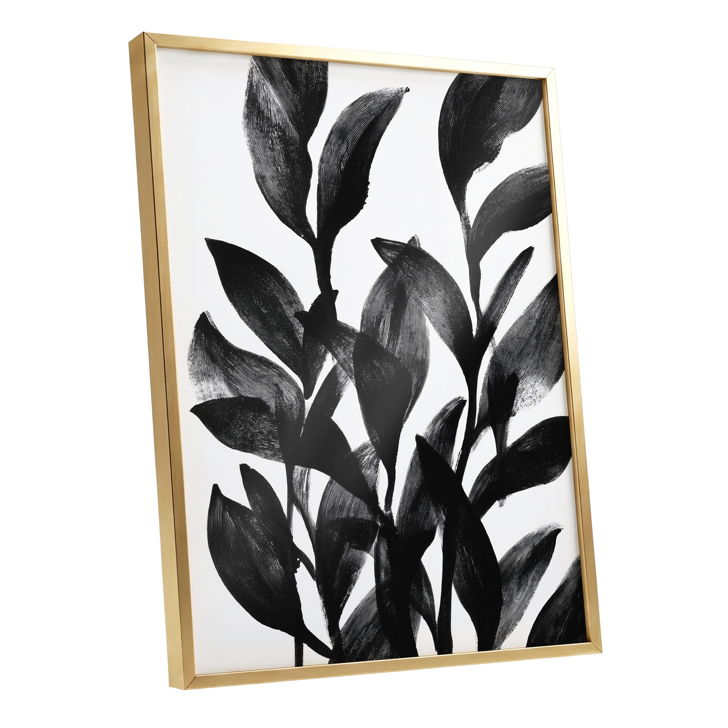 Botanical Rhythm, black, white, gray nature wall art shown as a gold framed poster wall art print