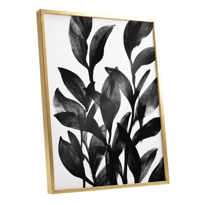 Botanical Rhythm, black, white, gray nature wall art shown as a gold framed poster wall art print