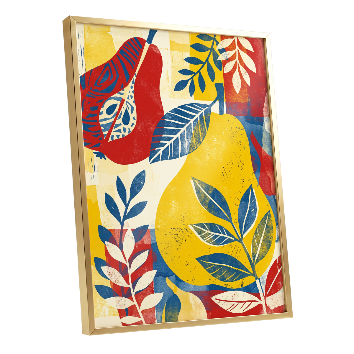 Botanical Rhythm, yellow, blue, red floral wall art shown as a gold framed poster wall art print