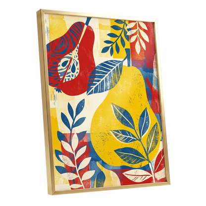 Botanical Rhythm, yellow, blue, red floral wall art shown as a gold framed poster wall art print