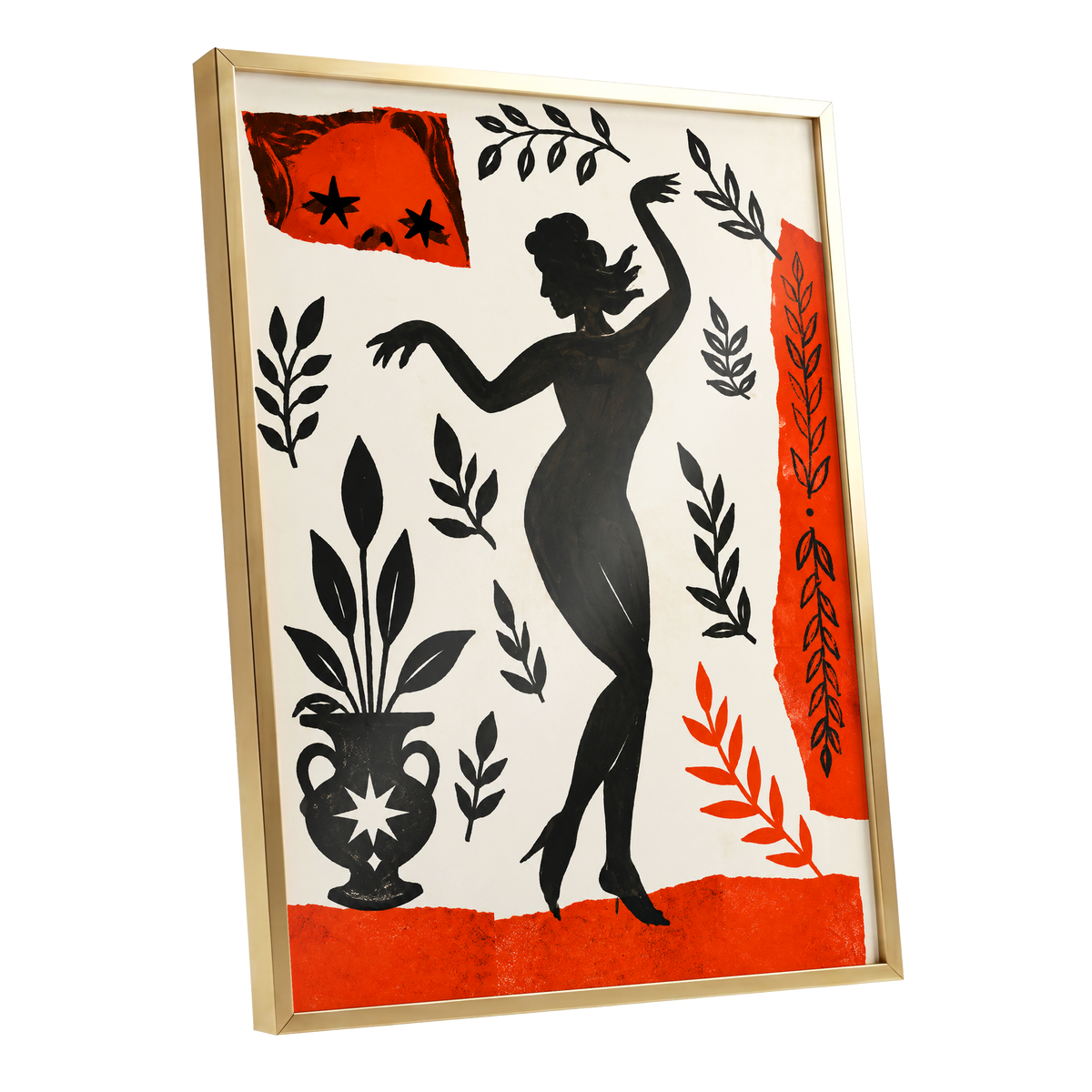 Botanical Rhythm, black, beige, orange abstract wall art shown as a gold framed poster wall art print