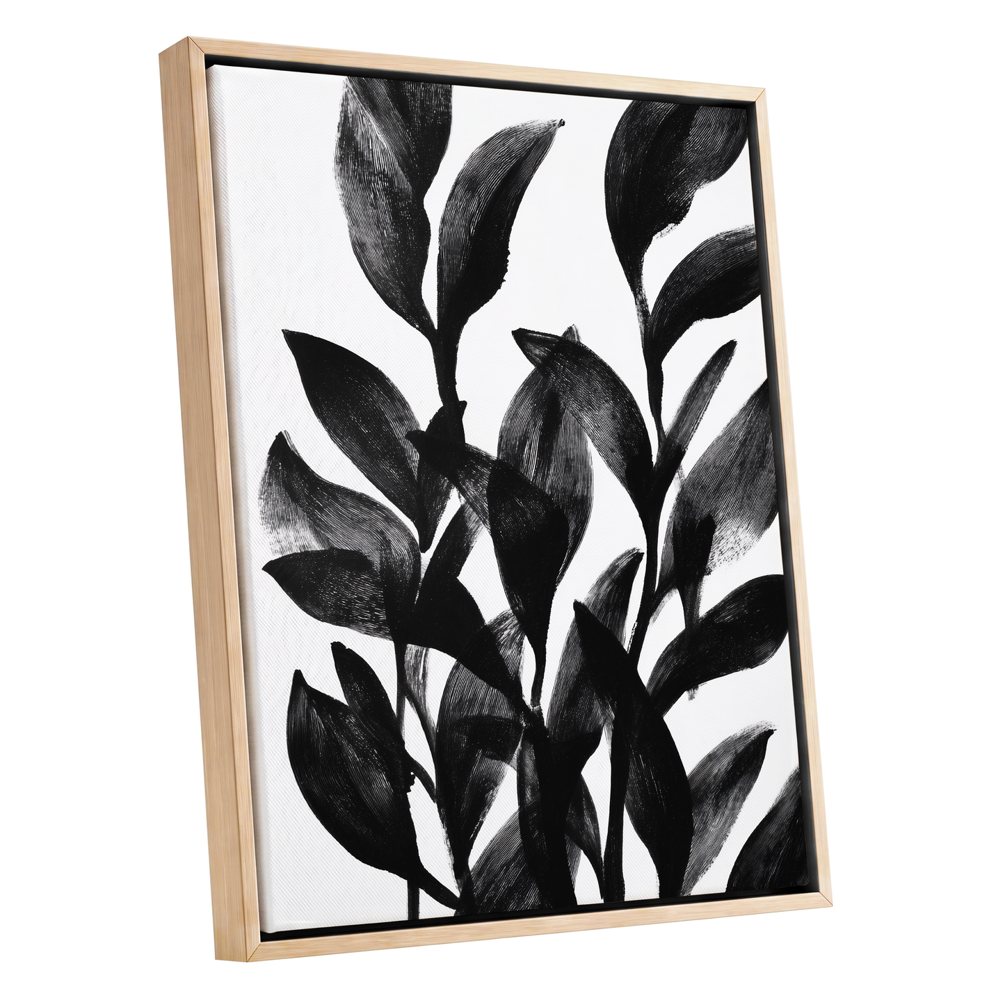 Botanical Rhythm, black, white, gray nature wall art shown as a oak framed canvas wall art