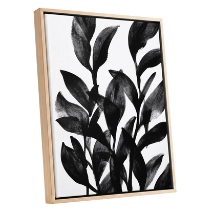 Botanical Rhythm, black, white, gray nature wall art shown as a oak framed canvas wall art