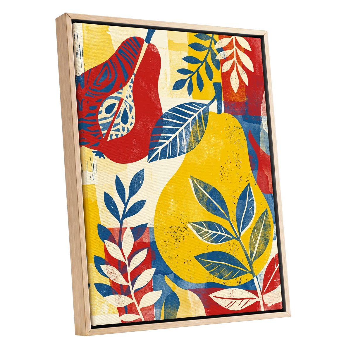 Botanical Rhythm, yellow, blue, red floral wall art shown as a oak framed canvas wall art