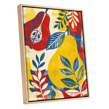 Botanical Rhythm, yellow, blue, red floral wall art shown as a oak framed canvas wall art