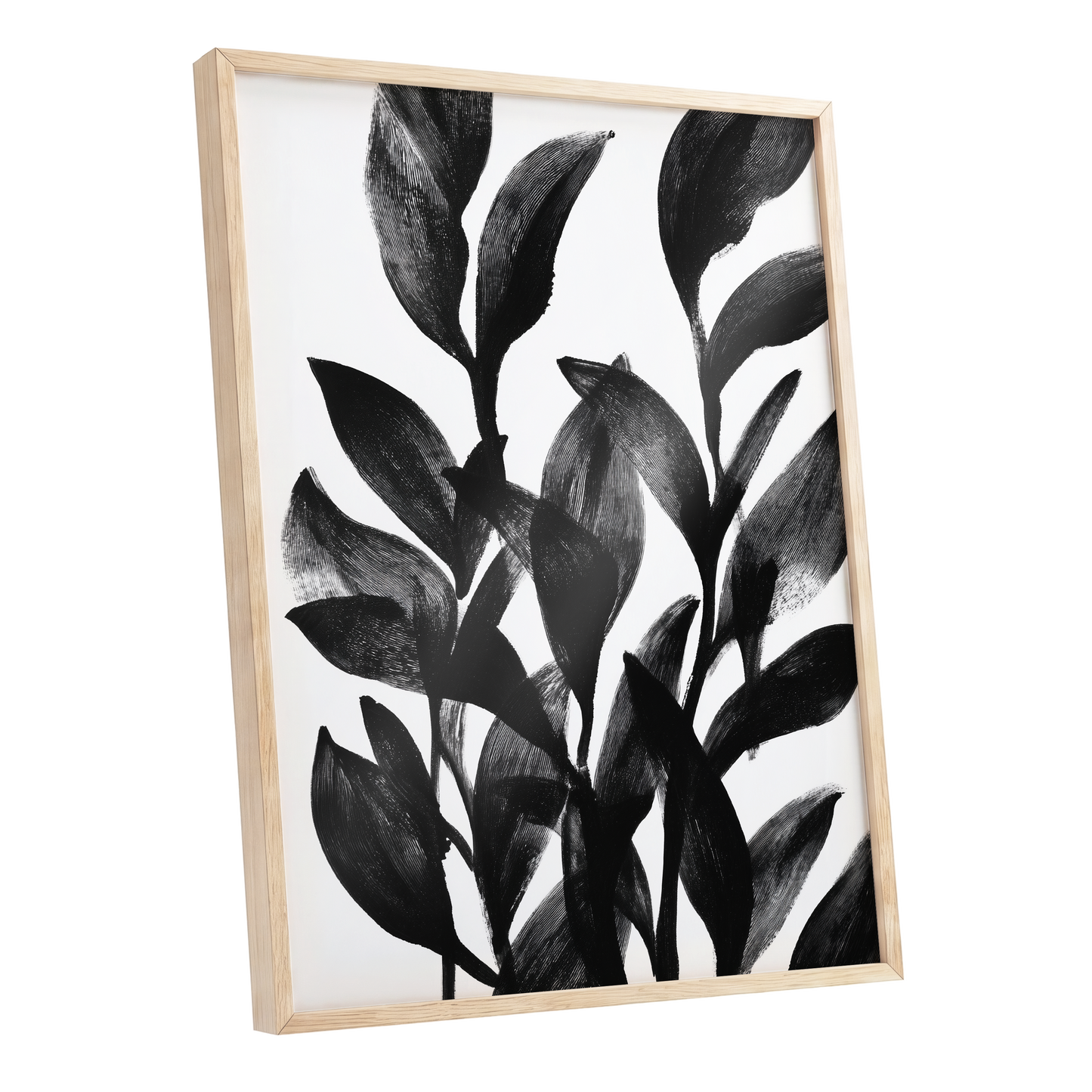 Botanical Rhythm, black, white, gray nature wall art shown as a oak framed poster wall art print