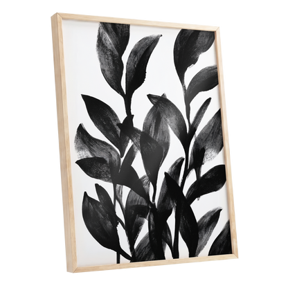 Botanical Rhythm, black, white, gray nature wall art shown as a oak framed poster wall art print