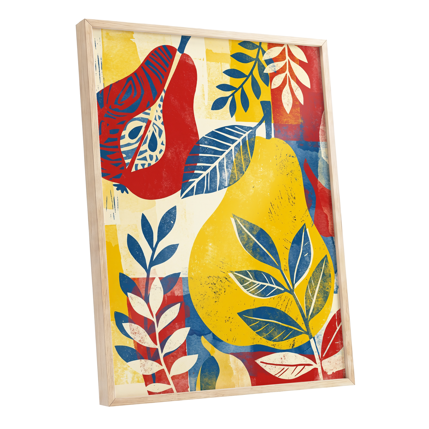 Botanical Rhythm, yellow, blue, red floral wall art shown as a oak framed poster wall art print