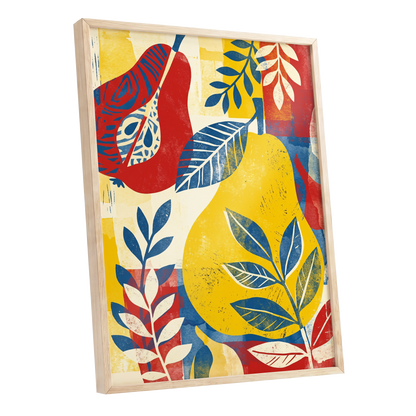 Botanical Rhythm, yellow, blue, red floral wall art shown as a oak framed poster wall art print