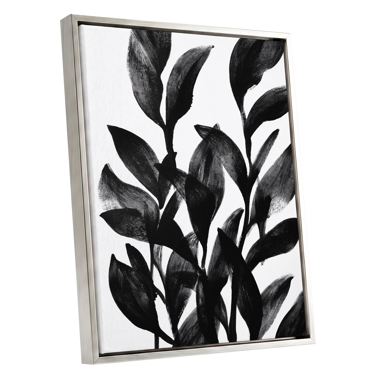 Botanical Rhythm, black, white, gray nature wall art shown as a silver framed canvas wall art